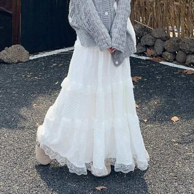 Cardigan & Lace Trim Tiered Maxi Skirt Set