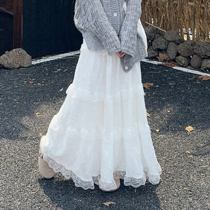 Cardigan & Lace Trim Tiered Maxi Skirt Set