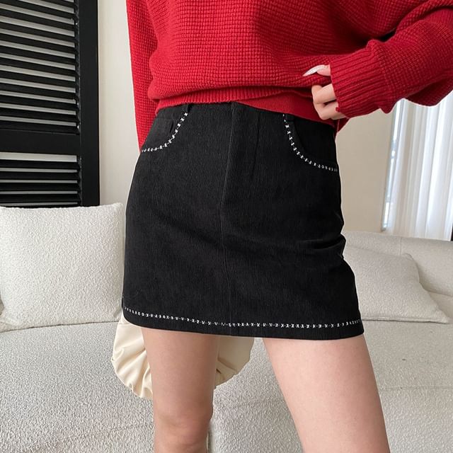 Contrast Stitch Corduroy Mini Skirt Mid-Rise