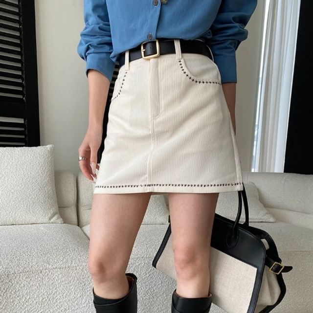 Contrast Stitch Corduroy Mini Skirt Mid-Rise