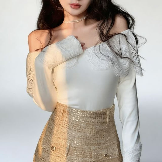 Long Sleeve Off Shoulder Panel Lace Top