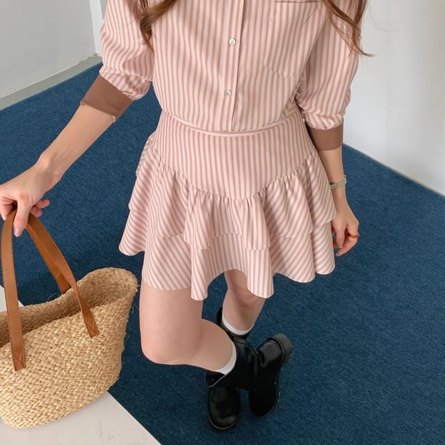 Pinstripe Mini Tiered Skirt Mid-Waist