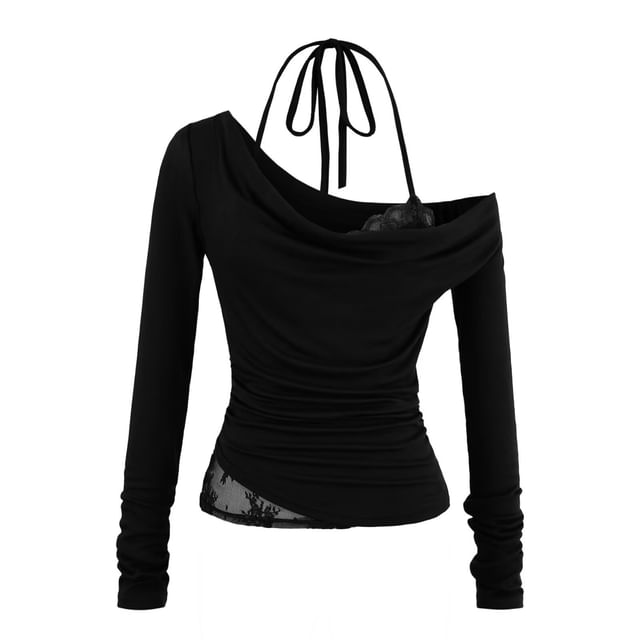 Faux Two-Piece Cold-Shoulder Long-Sleeve Lace Panel Crop Top