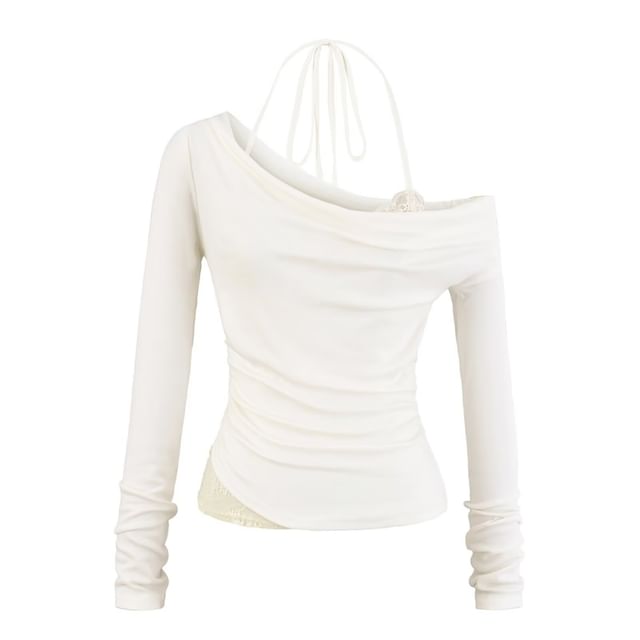 Faux Two-Piece Cold-Shoulder Long-Sleeve Lace Panel Crop Top