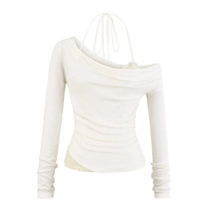 Faux Two-Piece Cold-Shoulder Long-Sleeve Lace Panel Crop Top