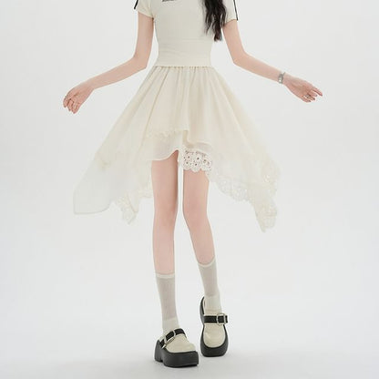 Asymmetric Lace Panel Mini A-Line Skirt