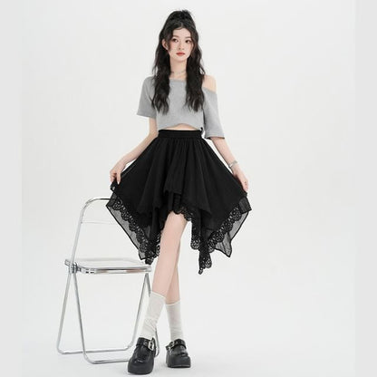 Asymmetric Lace Panel Mini A-Line Skirt