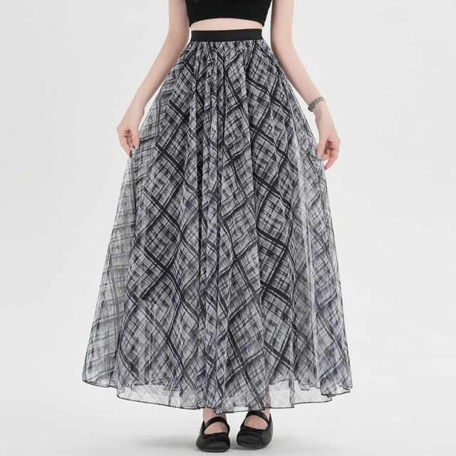 Plaid Mesh Maxi A-Line Skirt High-Rise