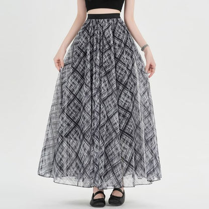 Plaid Mesh Maxi A-Line Skirt High-Rise