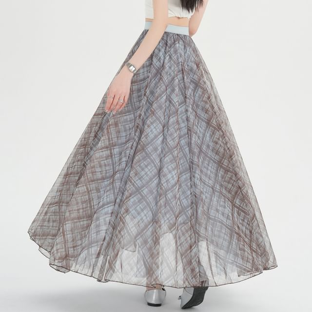 Plaid Mesh Maxi A-Line Skirt High-Rise