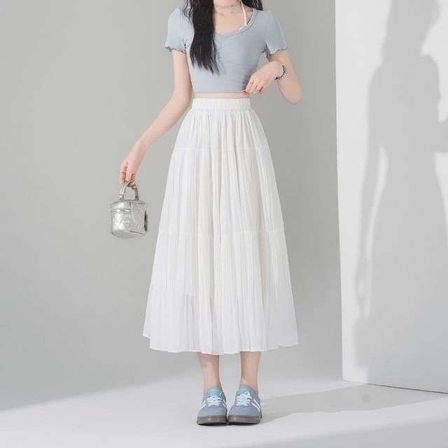 Tiered Pleated Midi A-Line Skirt High-Rise