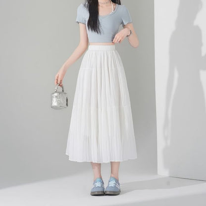 Tiered Pleated Midi A-Line Skirt High-Rise