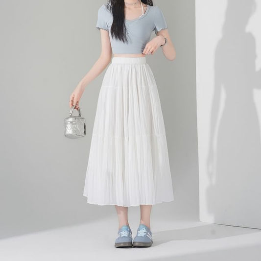Tiered Pleated Midi A-Line Skirt High-Rise