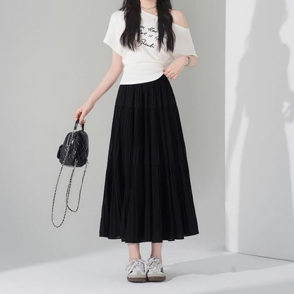 Tiered Pleated Midi A-Line Skirt High-Rise