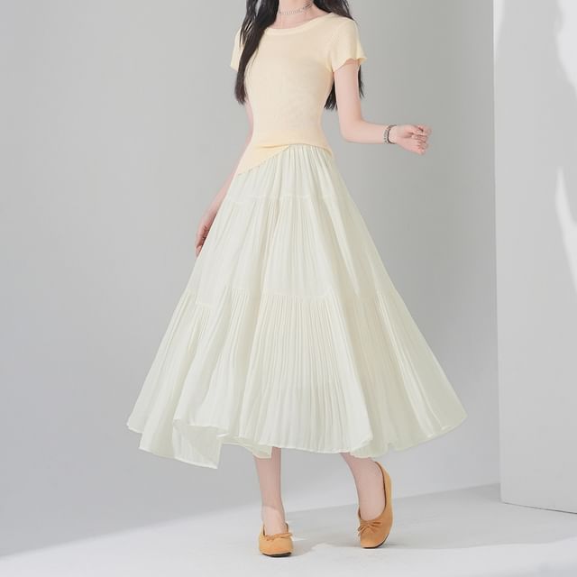 Tiered Pleated Midi A-Line Skirt High-Rise