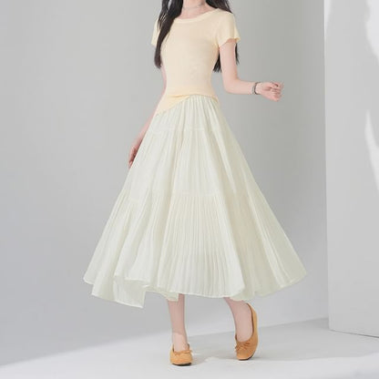 Tiered Pleated Midi A-Line Skirt High-Rise