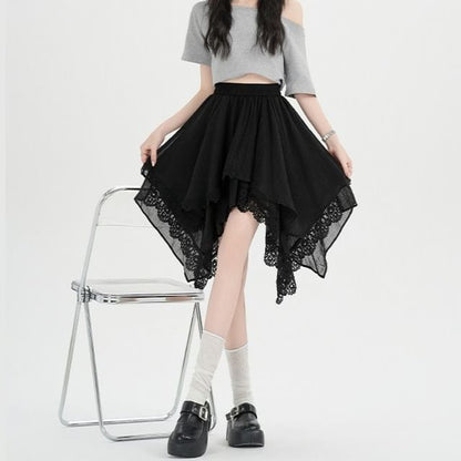 Asymmetric Lace Panel Mini A-Line Skirt