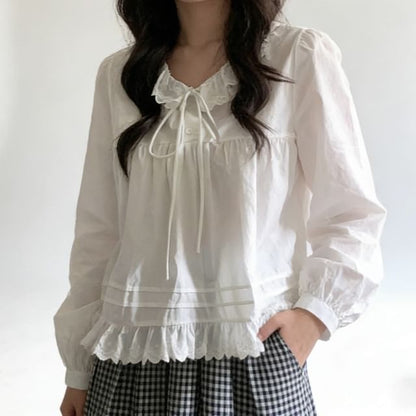 Long-Sleeve Lace Collar Plain Blouse