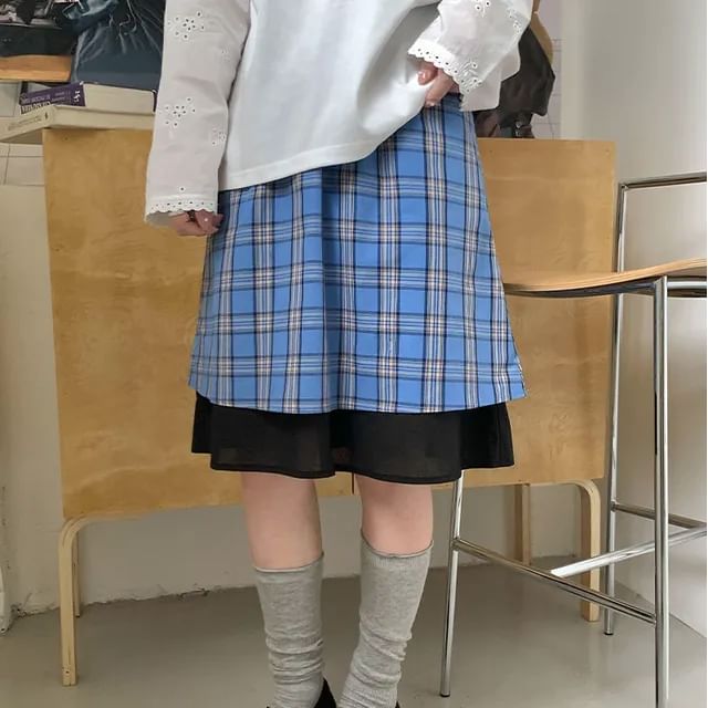 Plaid Layered A-Line Skirt Elastic Waist