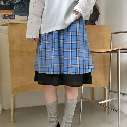 Plaid Layered A-Line Skirt Elastic Waist