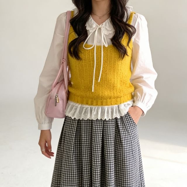 Long-Sleeve Lace Collar Plain Blouse
