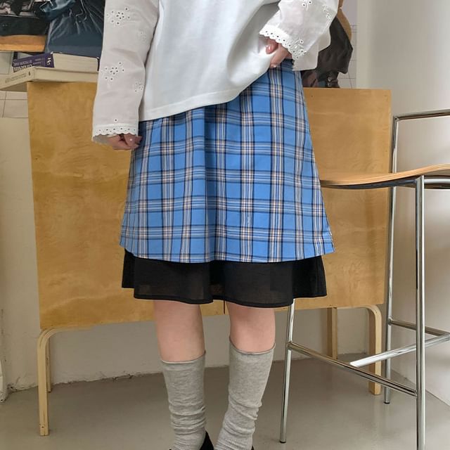Plaid Layered A-Line Skirt Elastic Waist