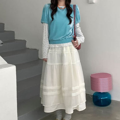 Sheer Panel A-Line Midi Skirt with Pintuck Layered Elastic Waist