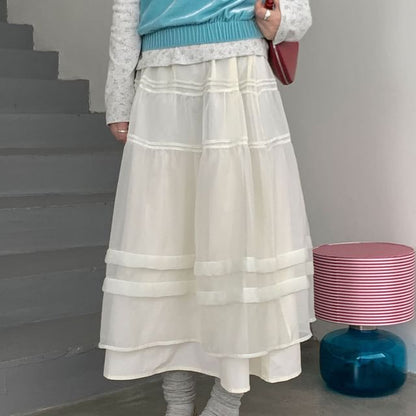 Sheer Panel A-Line Midi Skirt with Pintuck Layered Elastic Waist
