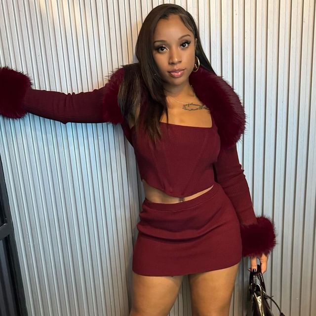 Furry Trim Square Neck Crop Top & Mini Skirt Set Long-Sleeved