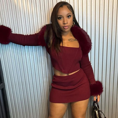 Furry Trim Square Neck Crop Top & Mini Skirt Set Long-Sleeved