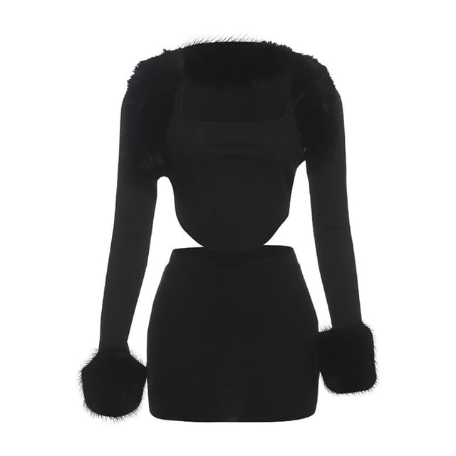 Furry Trim Square Neck Crop Top & Mini Skirt Set Long-Sleeved