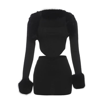 Furry Trim Square Neck Crop Top & Mini Skirt Set Long-Sleeved