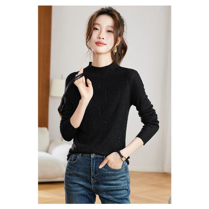 High Neck Long-Sleeve Rhinestone Knit Top