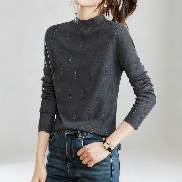 High Neck Long-Sleeve Rhinestone Knit Top