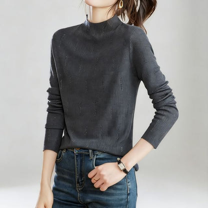 High Neck Long-Sleeve Rhinestone Knit Top