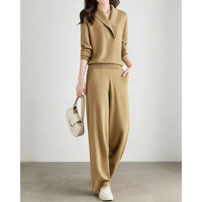Lapel Collar Sweater & Wide-Leg Trousers Set