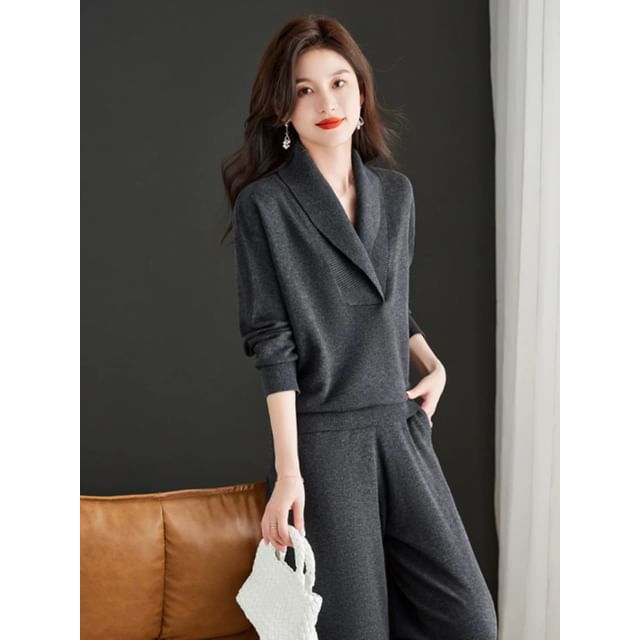 Lapel Collar Sweater & Wide-Leg Trousers Set