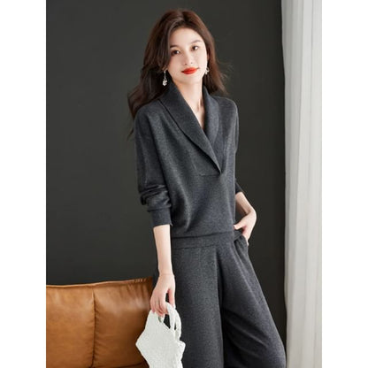 Lapel Collar Sweater & Wide-Leg Trousers Set
