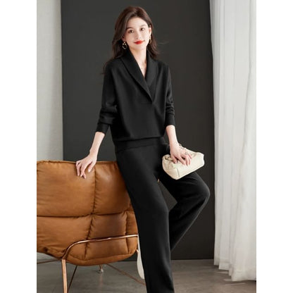 Lapel Collar Sweater & Wide-Leg Trousers Set