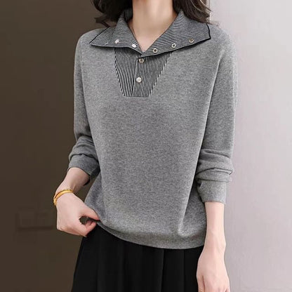 Striped Collared Sweater with Long Sleeves and Mock Layer