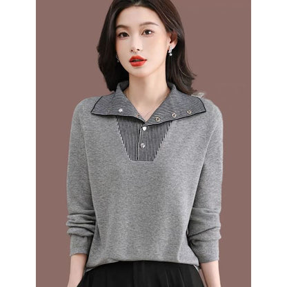 Striped Collared Sweater with Long Sleeves and Mock Layer