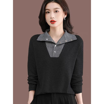 Striped Collared Sweater with Long Sleeves and Mock Layer