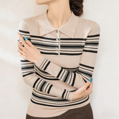 Striped Polo-Neck Knit Long-Sleeve Top