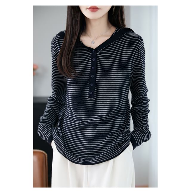 Striped Hooded Henley Sweater with V-Neck