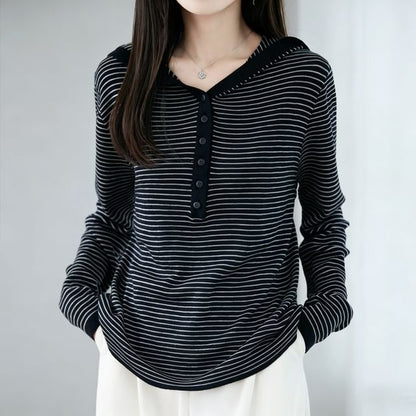 Striped Hooded Henley Sweater with V-Neck
