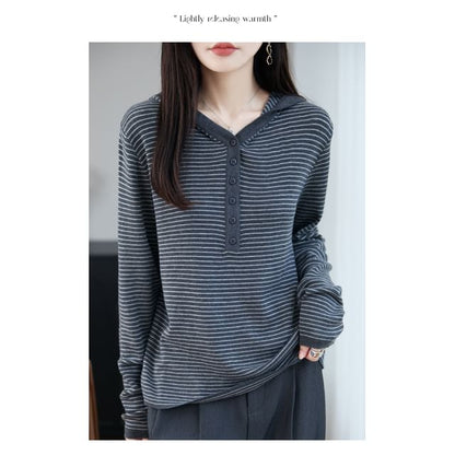Striped Hooded Henley Sweater with V-Neck