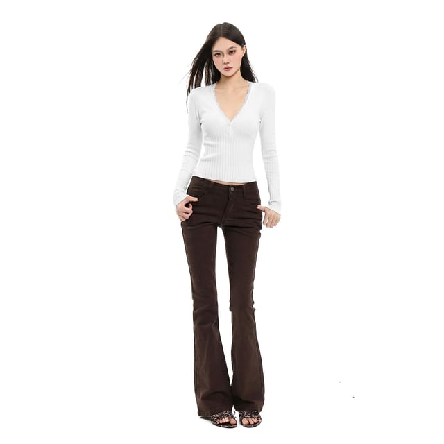Long Sleeve V-Neck Plain Lace Trim Ribbed Knit Top