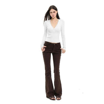 Long Sleeve V-Neck Plain Lace Trim Ribbed Knit Top