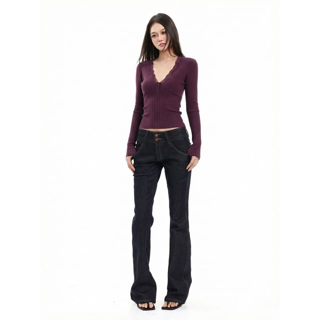 Long Sleeve V-Neck Plain Lace Trim Ribbed Knit Top