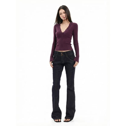 Long Sleeve V-Neck Plain Lace Trim Ribbed Knit Top